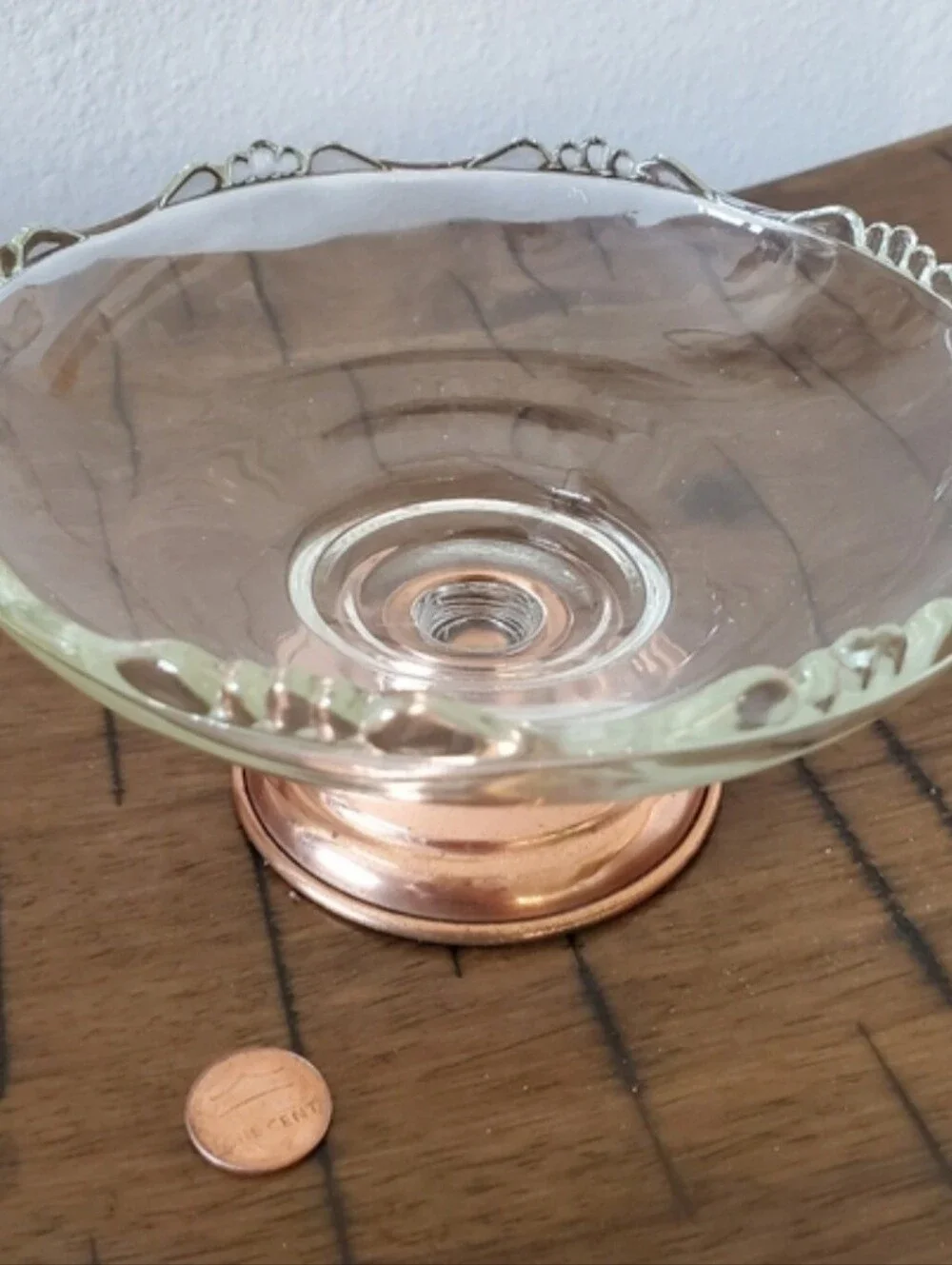Vintage Princess House Crystal Glass Candy Dish Removable Copper Pedestal Bowl